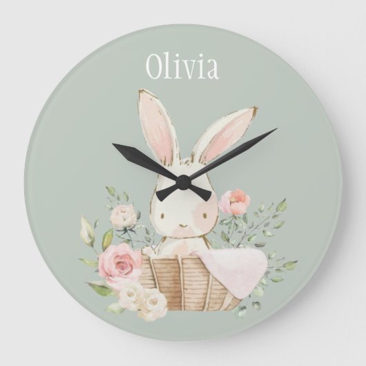 Pink Blush Bunny Sage Green Name Kinderzimmer Cloc Große Wanduhr (Vorderseite)