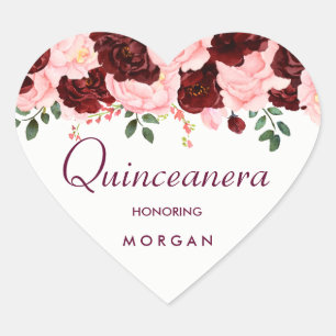 Pink Blush Burgund Rose Quinceanera Party Herz-Aufkleber