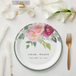 Pink Blush Burgund Rose Wasserfarbenprägung Pappteller