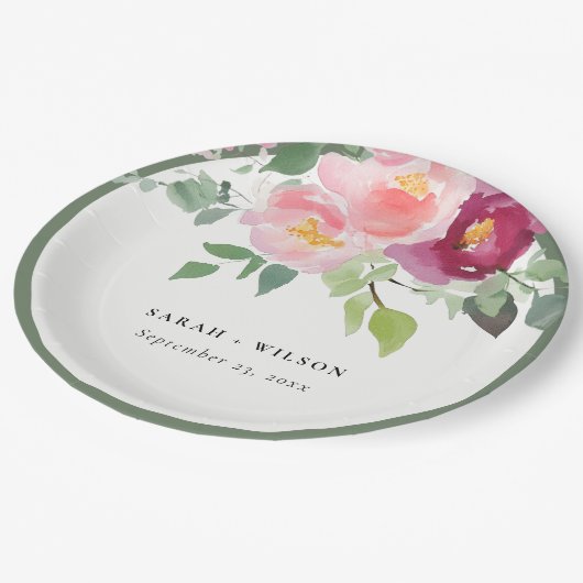 Pink Blush Burgund Rose Wasserfarbenprägung Pappteller (Schrägansicht)