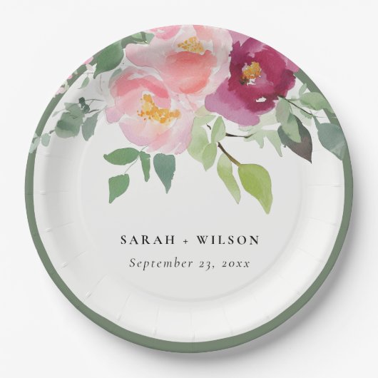 Pink Blush Burgund Rose Wasserfarbenprägung Pappteller (Vorderseite)