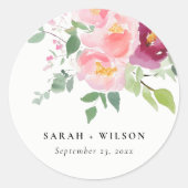 Pink Blush Burgund Rose Wasserfarbenprägung Runder Aufkleber (Vorderseite)