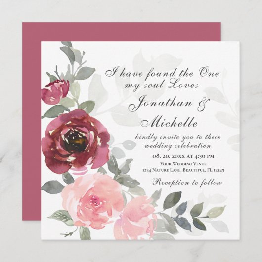 Pink Blush Burgundy Floral Christianl Wedding Einladung (Vorne/Hinten)