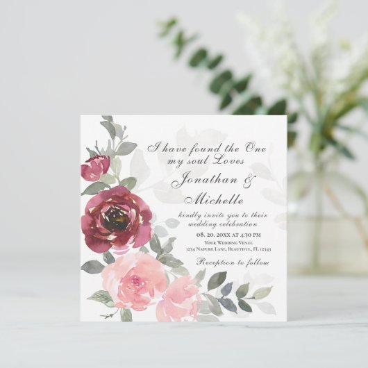Pink Blush Burgundy Floral Christianl Wedding Einladung (Stehend Vorderseite)