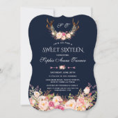 Pink Blush Floral Antlers Dark Blue Sweet 16 Einladung (Vorderseite)