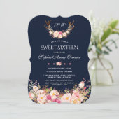 Pink Blush Floral Antlers Dark Blue Sweet 16 Einladung (Stehend Vorderseite)