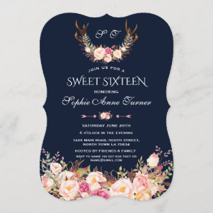Pink Blush Floral Antlers Dark Blue Sweet 16 Einladung