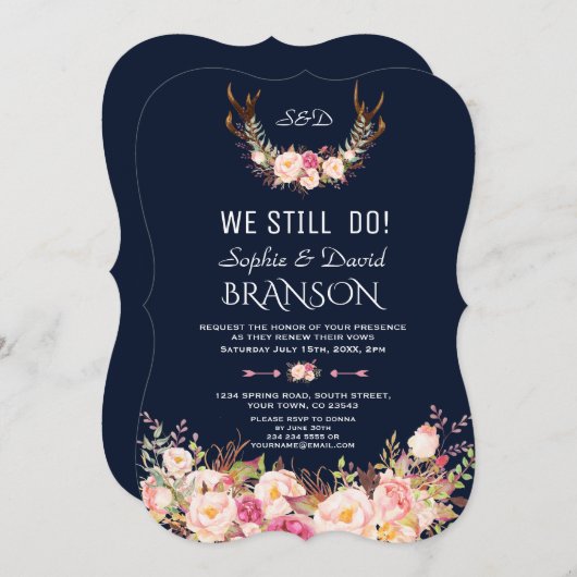 Pink Blush Floral Antlers Dunkelblau, die wir noch Einladung (Vorne/Hinten)