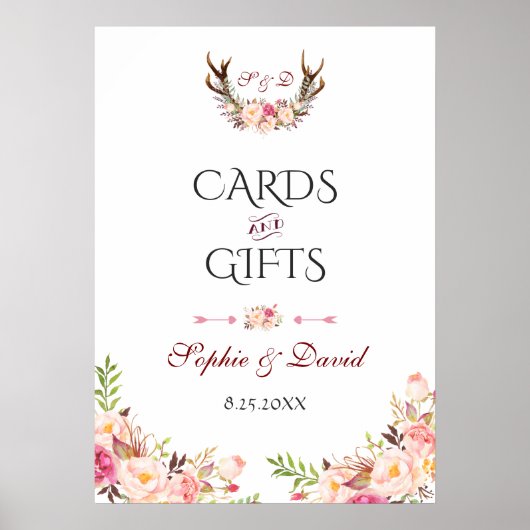 Pink Blush Floral Antlers Wedding Cards & Gifts Poster (Vorne)