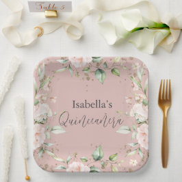 Pink Blush Floral Aquarell Quinceañera Paper Plaka Pappteller