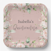 Pink Blush Floral Aquarell Quinceañera Paper Plaka Pappteller (Vorderseite)