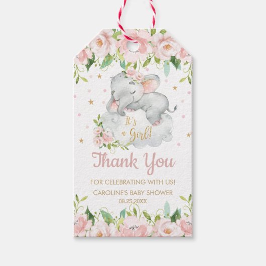Pink Blush Floral Baby Elephant Vielen Dank für Ih Geschenkanhänger (Vorderseite)