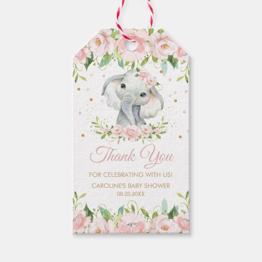 Pink Blush Floral Cute Elephant Thank You Favor Geschenkanhänger (Vorderseite)