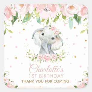Pink Blush Floral Cute Elephant Thank You Favor Quadratischer Aufkleber
