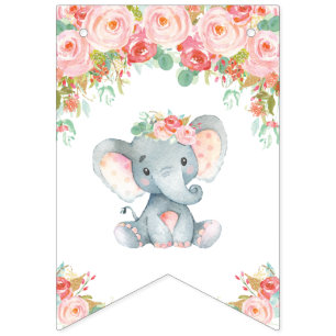 Pink Blush Floral Elephant Baby Dusche Geburtstag Wimpelkette