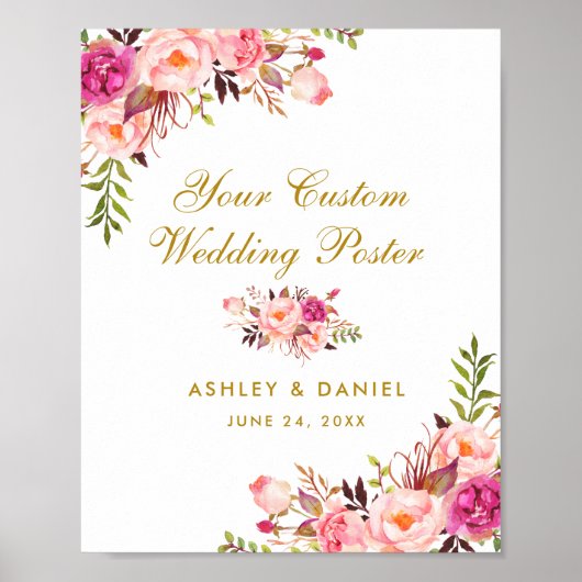 Pink Blush Floral Gold Hochzeit Custom Poster (Vorne)
