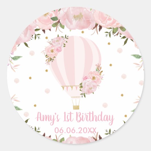 Pink Blush Floral Hot Air Ballon Birthday Gefallen Runder Aufkleber (Vorderseite)