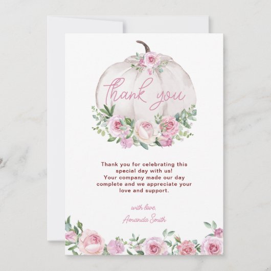 Pink Blush Floral Kleine Pumpkin Baby Dusche Dankeskarte (Vorderseite)