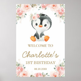 Pink Blush Floral Pinguin 1. Geburtstag Willkommen Poster