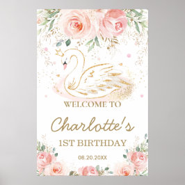 Pink Blush Floral Swan 1. Geburtstag Begrüßungszei Poster
