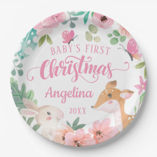 Pink Blush Floral Woodland Baby's 1. Weihnachten Pappteller