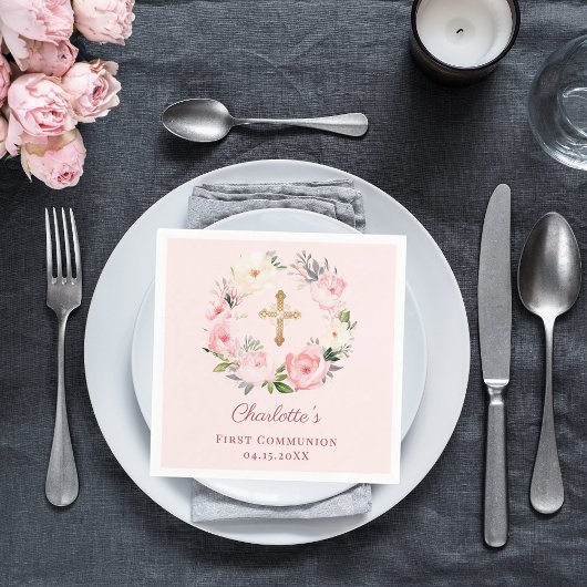 Pink blush floral wreath First Communion luncheon Serviette