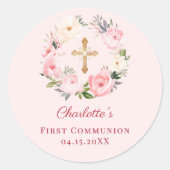 Pink blush floral wreath First Communion Runder Aufkleber (Vorderseite)