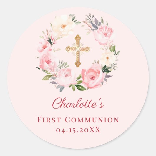 Pink blush floral wreath First Communion Runder Aufkleber (Vorderseite)