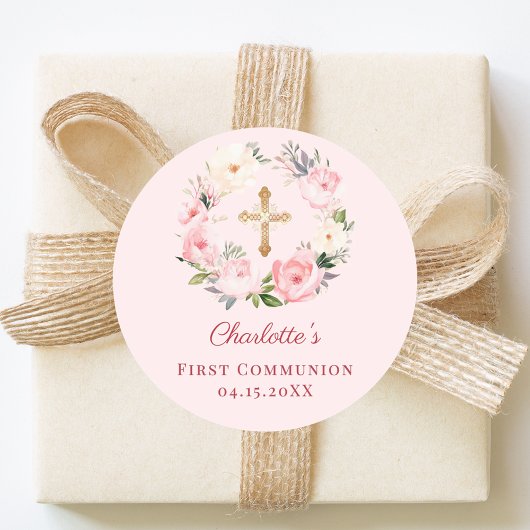 Pink blush floral wreath First Communion Runder Aufkleber