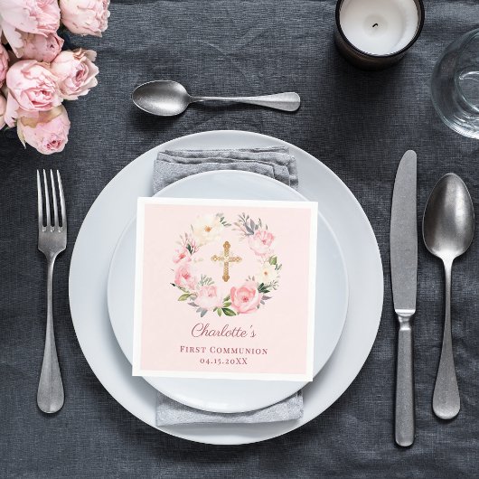 Pink blush floral wreath girl First Communion Serviette