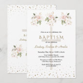 Pink Blush Flowers Gold Girls Triplets Baptism   Einladung (Vorne/Hinten)