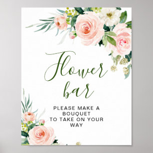 Pink Blush Flowers Greenery Floral Flower Bar Sign Poster