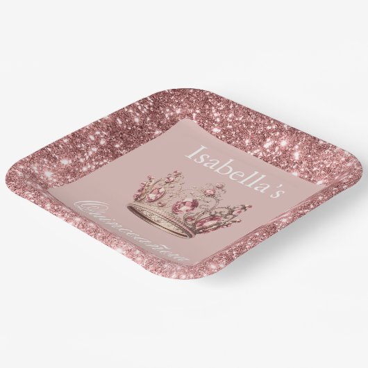 Pink Blush Glitzer Tiara Crown Quinceñera Pappteller (Gewinkelt)
