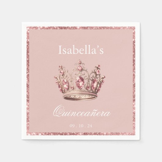 Pink Blush Glitzer Tiara Crown Quinceñera Serviette (Vorderseite)