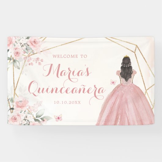 Pink Blush Gold Geometrie Blumenkatze Quinceñera G Banner (Horizontal)