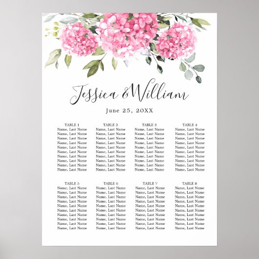 Pink Blush Hydrangea Floral 8 Tische SITZPLATZ Poster (Vorne)