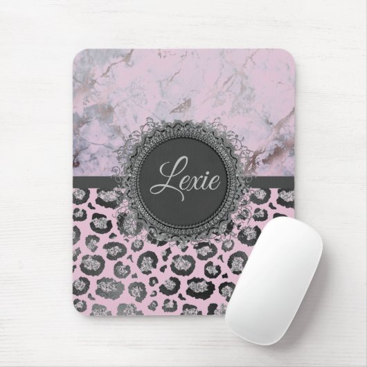 Pink Blush Marmor Glittery Leopard Personalisiert Mousepad (Mit Mouse)