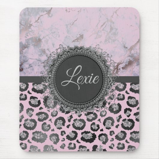 Pink Blush Marmor Glittery Leopard Personalisiert Mousepad (Vorne)