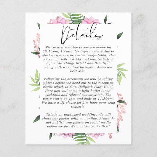 Pink Blush Mint Wedding Details Karten (Vorderseite)