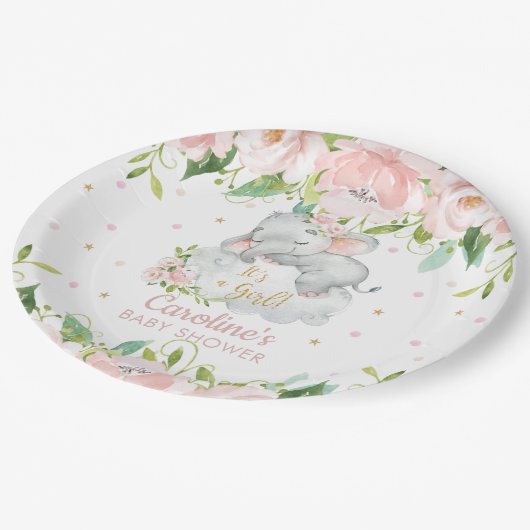 Pink Blush Niedlich Elephant Baby Dusche Pappteller (Schrägansicht)