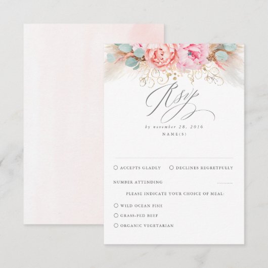 Pink Blush Pampas Grass Wedding RSVP Karte (Vorne/Hinten)