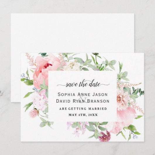 Pink Blush Peonies Bloom Wedding Calligraphy Save The Date (Vorne/Hinten)
