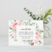 Pink Blush Peonies Bloom Wedding Calligraphy Save The Date (Stehend Vorderseite)
