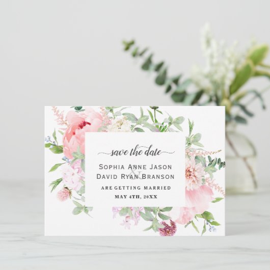 Pink Blush Peonies Bloom Wedding Calligraphy Save The Date (Stehend Vorderseite)