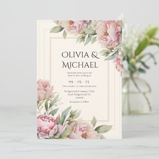 Pink Blush Peonies Floral Elegant Wedding Einladung (Stehend Vorderseite)