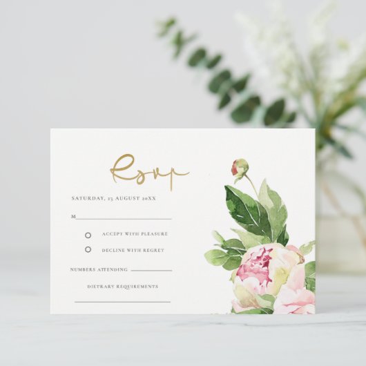 Pink Blush Peony Floral Wasserfarbe Hochzeit Rsvp (Stehend Vorderseite)