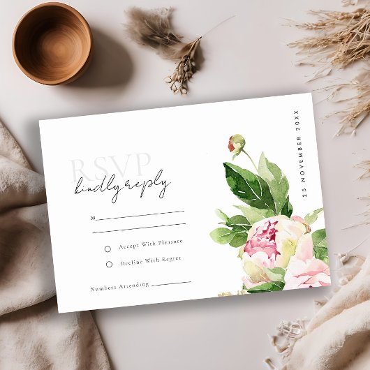 PINK BLUSH PEONY FLORAL WATERCOLOR WEDD RSVP BEGLEITKARTE
