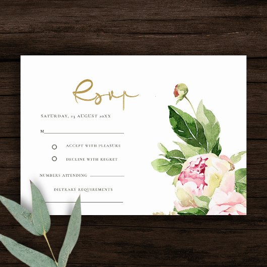 PINK BLUSH PEONY FLORAL WATERCOLOR WEDD RSVP BEGLEITKARTE