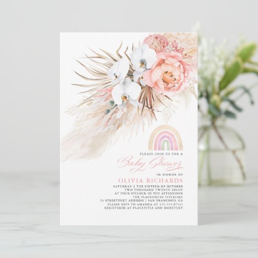 Pink Blush Rainbow Pampas Grass Baby Shower Girl Einladung (Stehend Vorderseite)