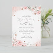 Pink Blush Rose Butterfly Wedding Folieneinladung (Stehend vorne)